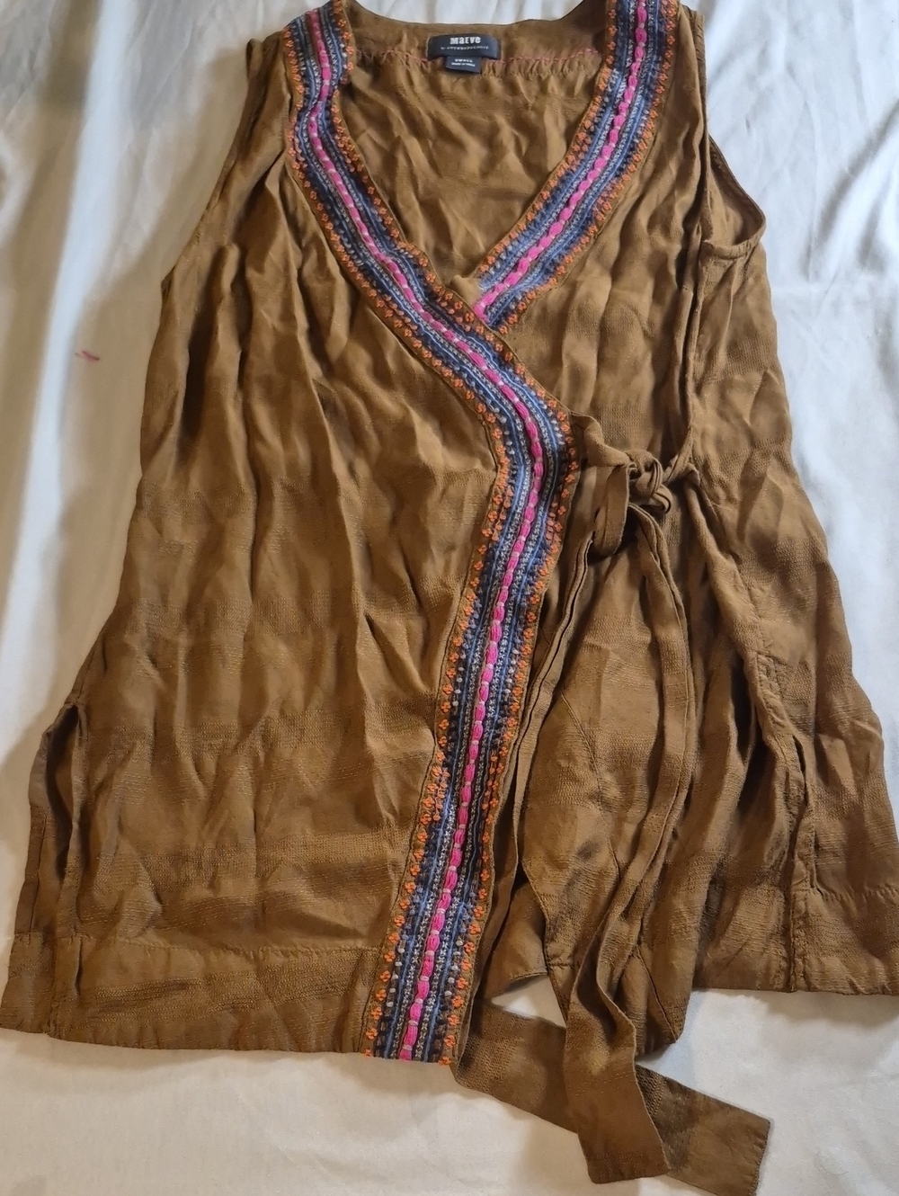 Maeve by Anthropologie Size Small l Wrap Tank with Pink & Blue Embroidered Trim